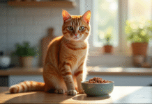 Chat orange sur un comptoir de cuisine avec nourriture