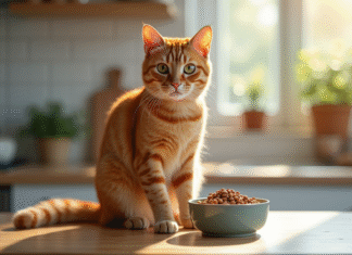 Diabète félin : les erreurs à éviter Chat orange sur un comptoir de cuisine avec nourriture