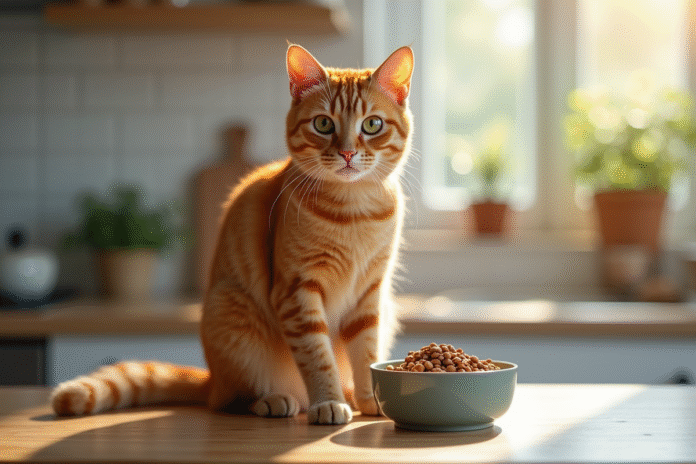 Chat orange sur un comptoir de cuisine avec nourriture