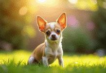 Chihuahua aux oreilles papillon dans un jardin ensoleille