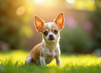Chihuahua aux oreilles papillon dans un jardin ensoleille