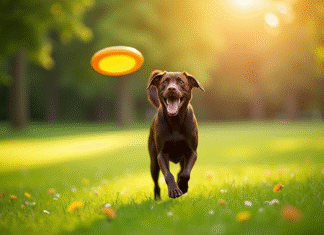 Des activités idéales pour occuper son labrador de couleur chocolat Labrador chocolat courant dans un parc vert en jouant