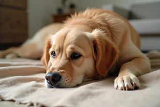 Chien golden retriever allongé montrant des signes de peau sensible et irritée sur le ventre et le cou