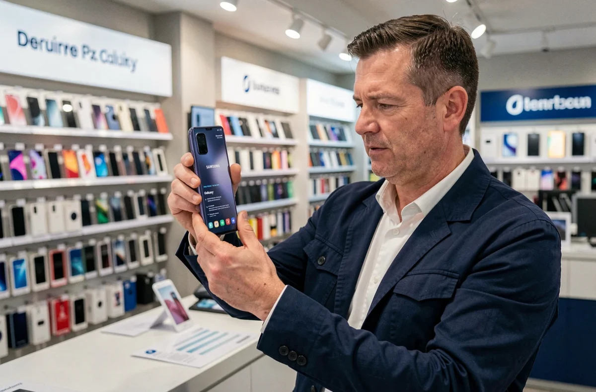 Homme examinant un Samsung Galaxy dans un magasin de téléphonie pour choisir le meilleur rapport qualité-prix
