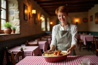 Plat traditionnel de choucroute alsacienne servi dans un winstub authentique de Strasbourg avec décoration rustique en bois