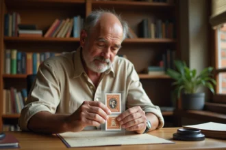 Collectionneur de timbres rares français examinant un timbre de valeur dans une pochette de protection transparente dans un bureau en bois