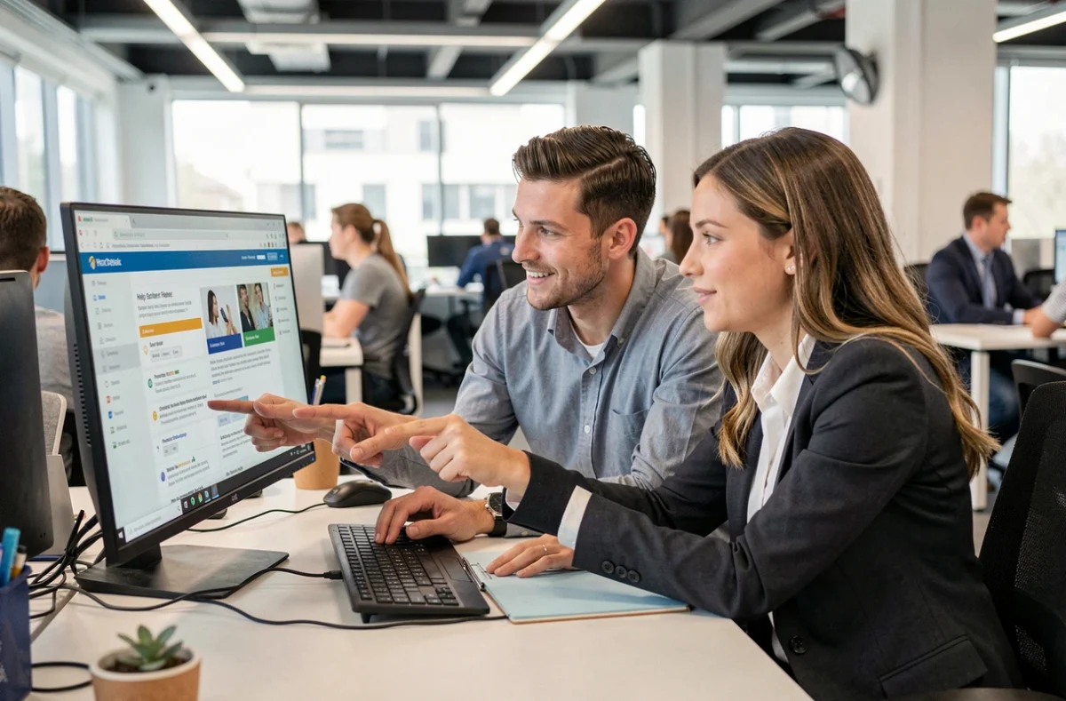 Deux collègues comparant le centre d'aide et le service client classique sur un ordinateur de bureau