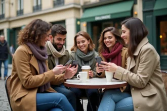 Groupe de nouveaux expatriés souriants réunis à une terrasse de café parisienne dans le Marais, échangeant leurs contacts sur smartphones