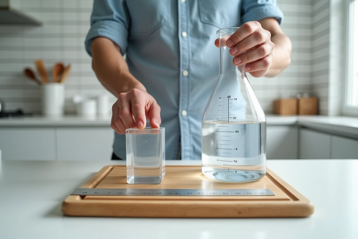Comparaison visuelle entre un cube de dix centimètres et un litre d'eau pour illustrer la conversion cm cube litre