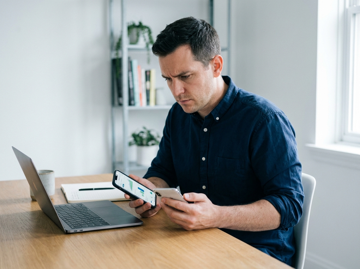 Homme comparant deux smartphones sur un bureau pour choisir un forfait mobile sans engagement