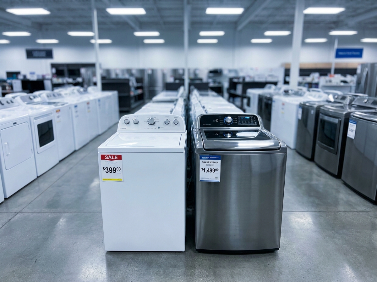Comparaison de deux machines à laver en magasin d'électroménager, modèle entrée de gamme et modèle premium côte à côte