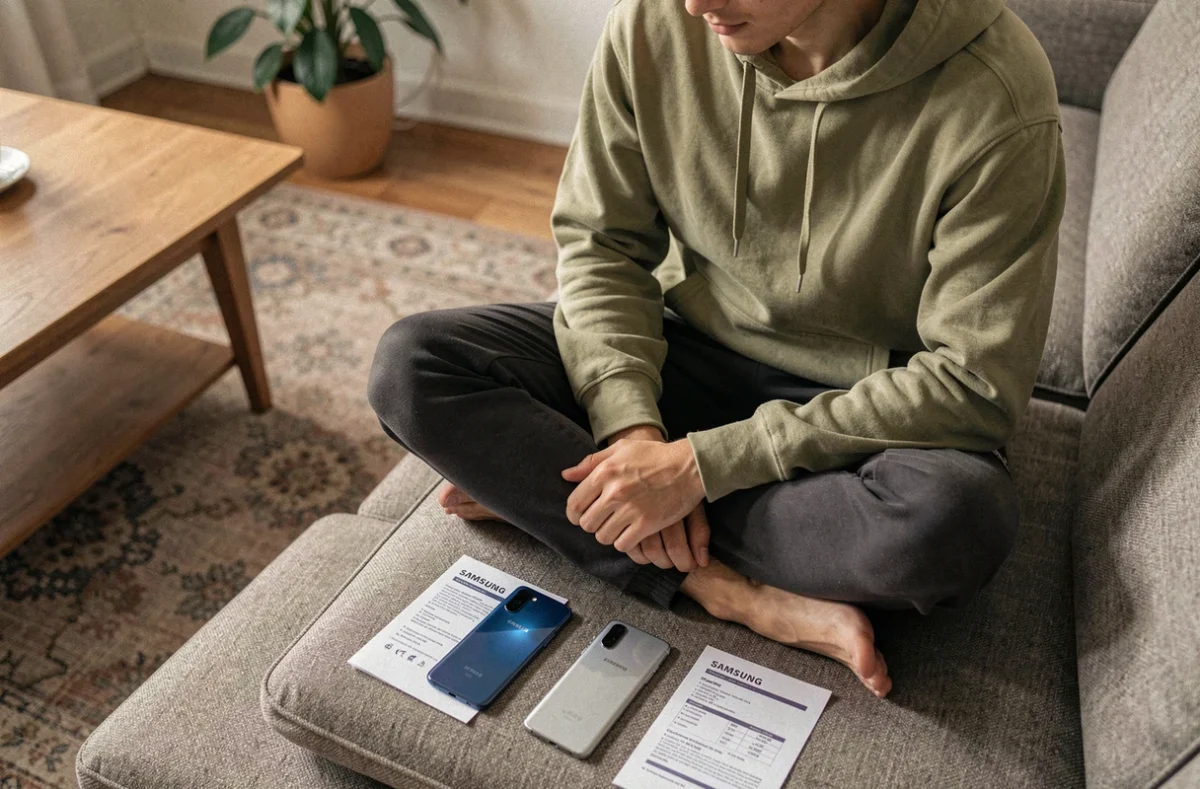 Jeune homme comparant deux modèles Samsung Galaxy posés sur un canapé avec des fiches techniques