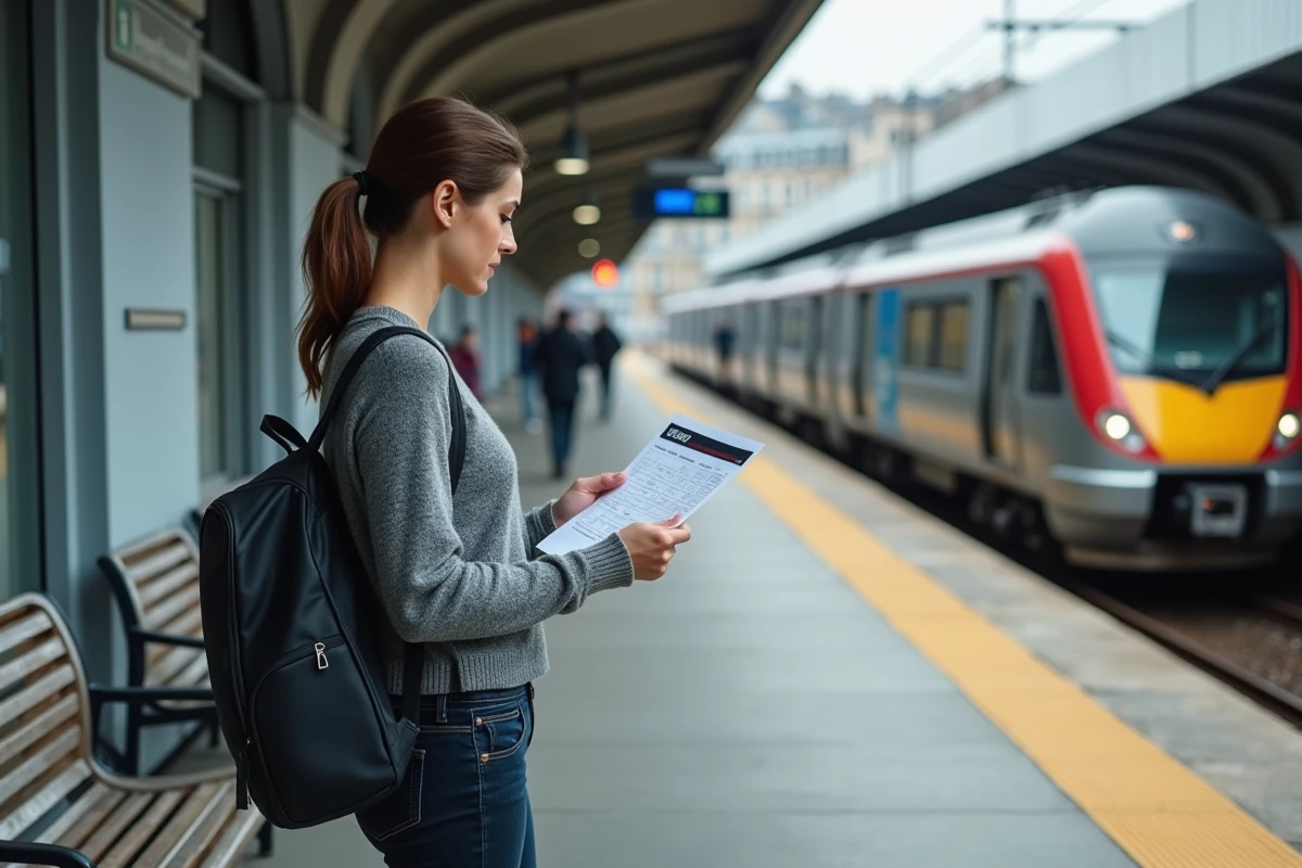 Jeune femme comparant les tarifs du forfait Navigo toutes zones sur un quai de train de banlieue