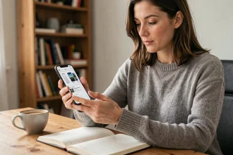 Femme comparant deux modèles Samsung Galaxy sur son smartphone dans un bureau à domicile