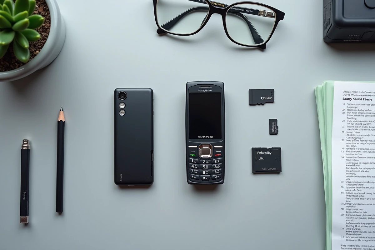 Vue à plat des composants d'un Sony Ericsson démonté avec carte mémoire, câble et instructions pour sauvegarder les données