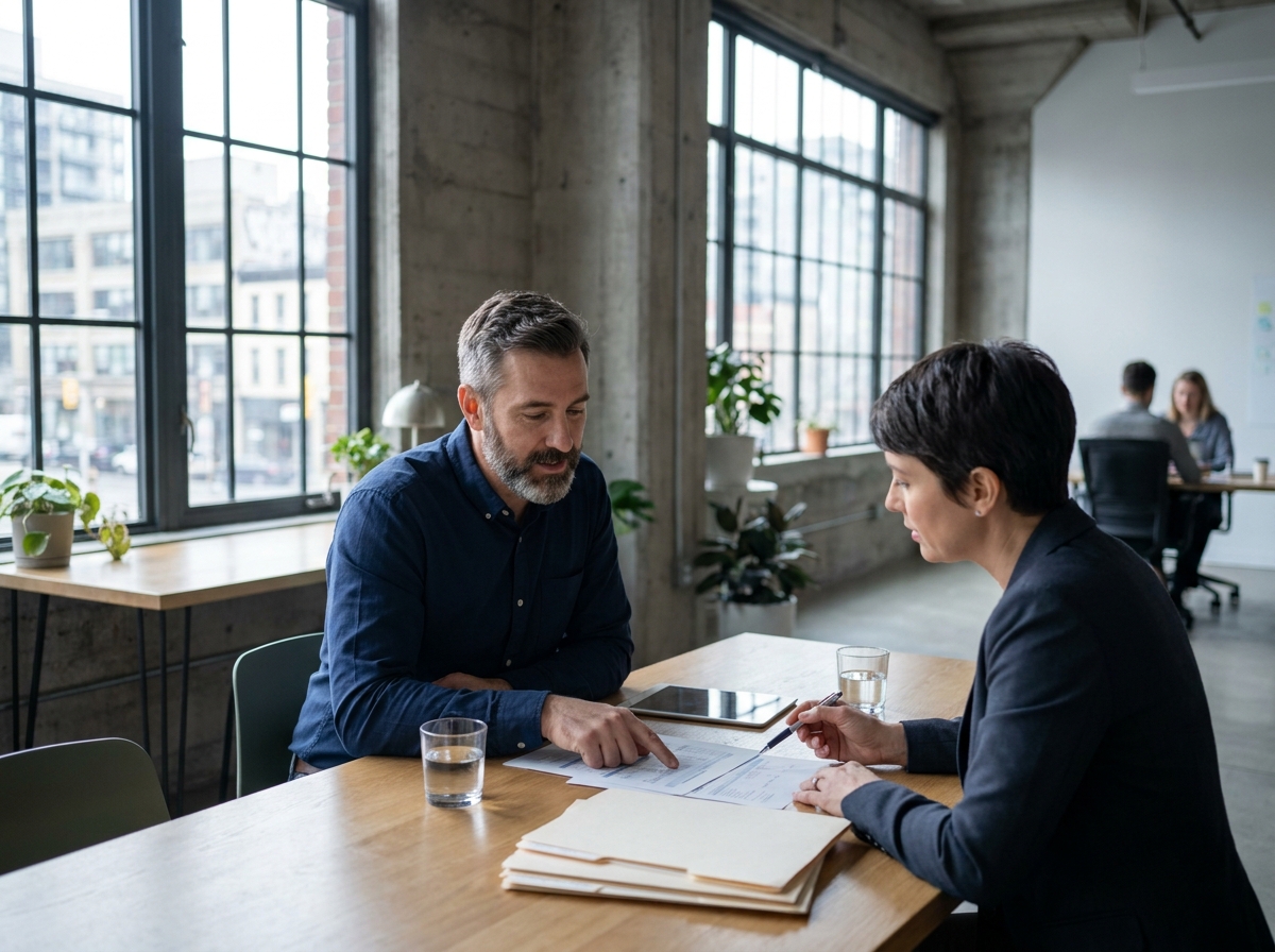 Homme consultant un conseiller professionnel dans un espace de coworking pour comprendre ses droits au chômage en tant qu'indépendant