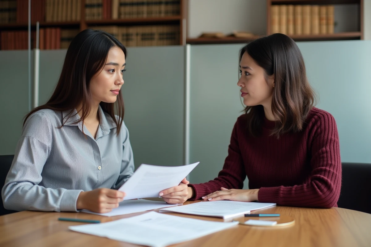 Deux femmes consultant des documents dans un bureau d'aide juridique pour préparer un signalement de discrimination