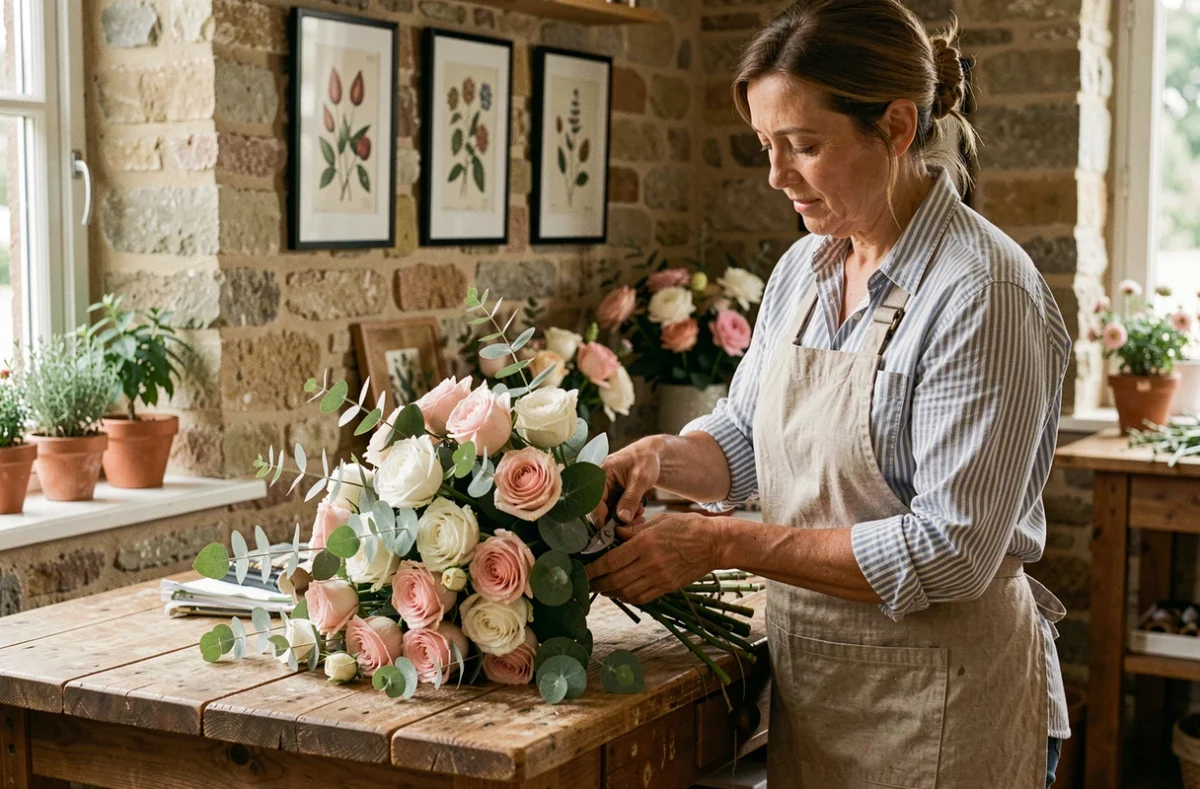 Fleuriste artisan de Côté Fleurs à Bourges assemblant un bouquet de roses et d'eucalyptus sur un établi en bois