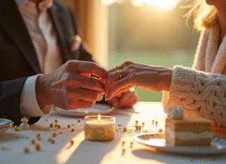 Pourquoi fête-t-on les 45 ans de mariage avec du vermeil ? Couple d'âgés échangeant des anneaux vermeil lors d'une célébration