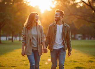 8 ans de mariage : témoignages de couples heureux Couple souriant se promenant dans un parc ensoleille