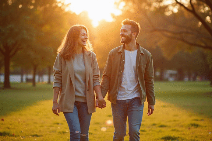 Couple souriant se promenant dans un parc ensoleille