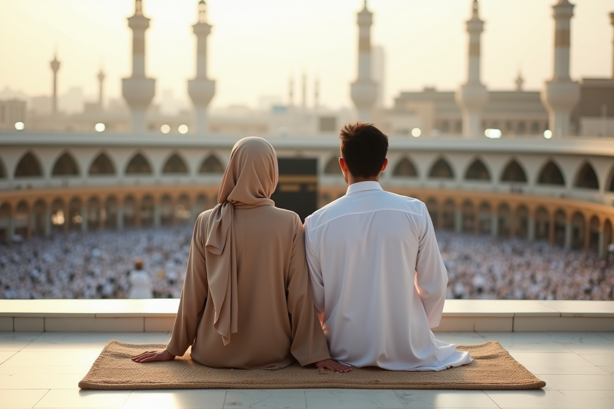 Jeune couple musulman contemplant la Kaaba sur un toit