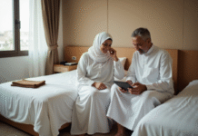 Couple musulman en ihram à Mecca assis ensemble