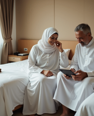 Couple musulman en ihram à Mecca assis ensemble