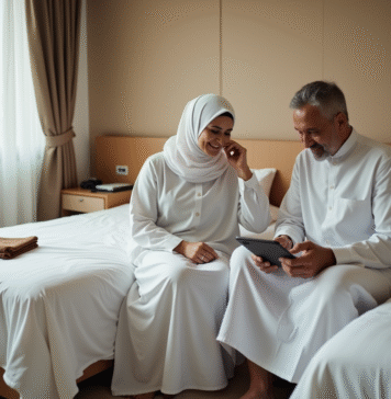 Couple musulman en ihram à Mecca assis ensemble