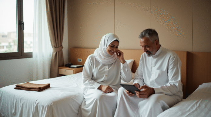 Couple musulman en ihram à Mecca assis ensemble
