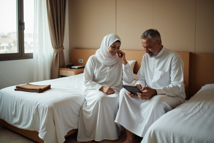 couple-musulman-mecca-ihram Couple musulman en ihram à Mecca assis ensemble