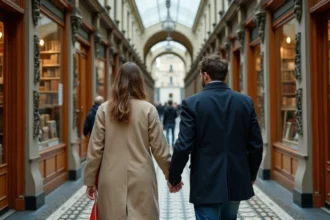 Un couple se promenant dans un passage couvert parisien du XIXe siècle, admirant les vitrines de librairies anciennes sous une verrière ornementée