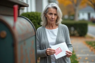 Femme tenant une enveloppe retournée à l'expéditeur devant une boîte aux lettres résidentielle en automne