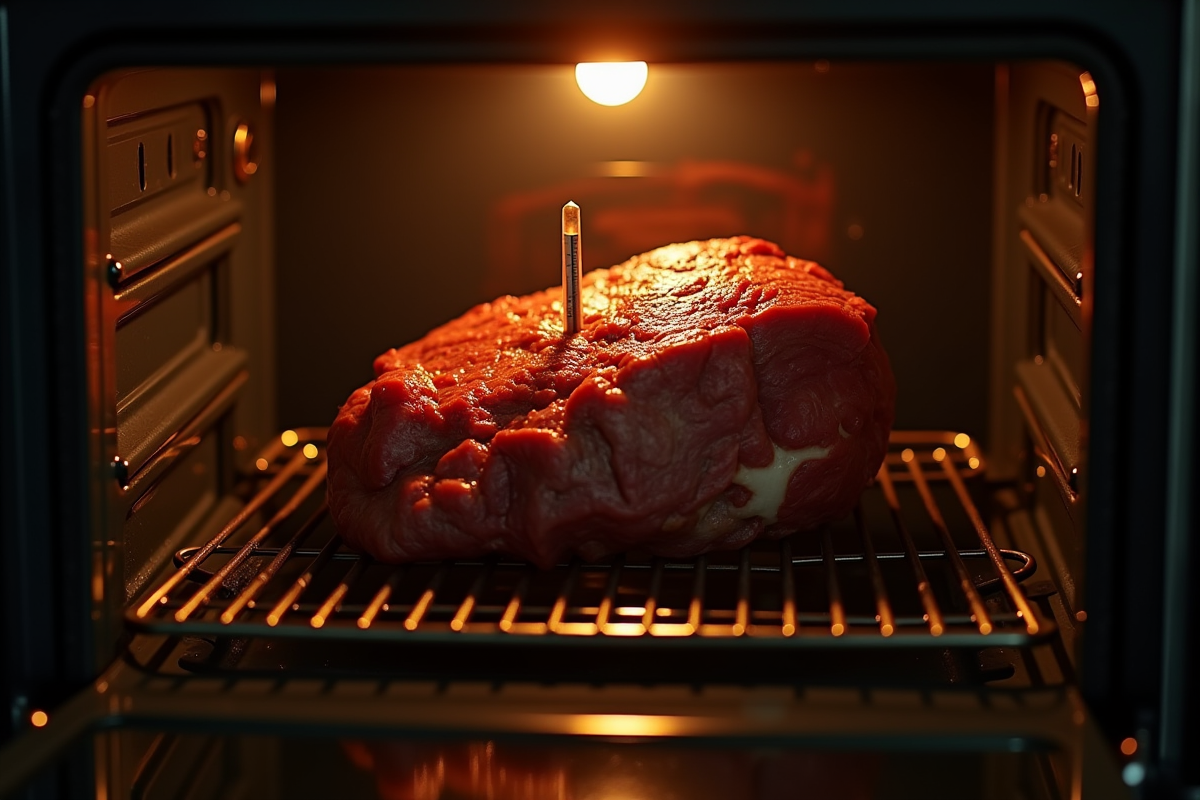 Rôti de boeuf en cuisson dans un four moderne avec thermomètre