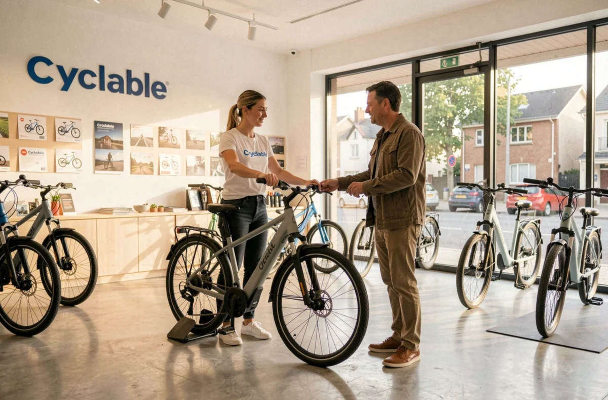 Vendeuse du magasin Cyclable à Maisons-Alfort conseillant un client devant une sélection de vélos électriques