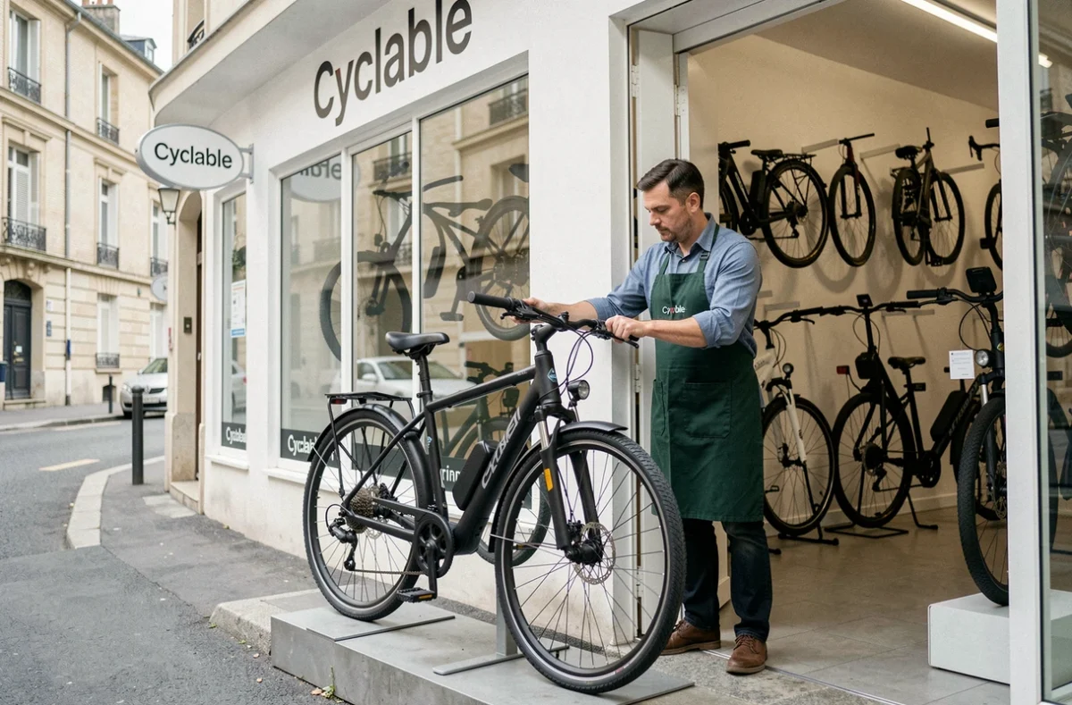 Devanture et intérieur du magasin Cyclable à Saint-Mandé avec un employé présentant un vélo électrique urbain