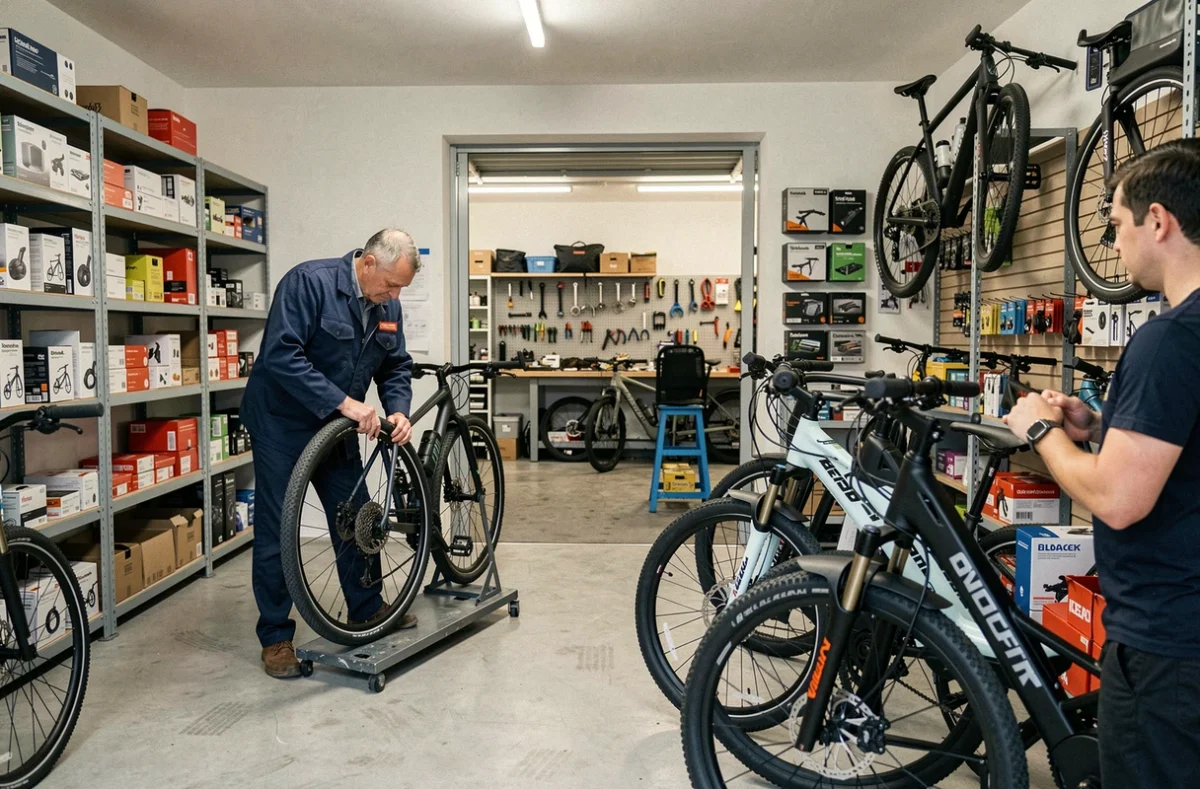 Espace vente et atelier de réparation du magasin Cycles Evolution dans le Val-de-Marne avec un technicien au travail