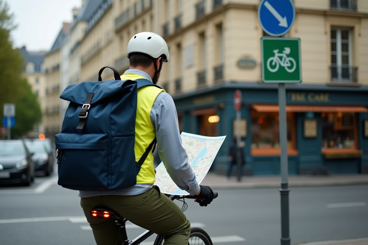 Cycliste masculin consultant un plan des pistes cyclables d'un arrondissement parisien à un carrefour urbain