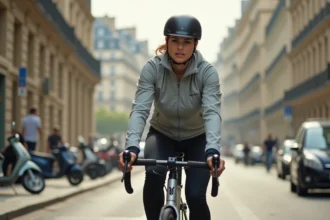 Cycliste femme sur un Vélib' dans une piste cyclable parisienne avec façades haussmanniennes en arrière-plan