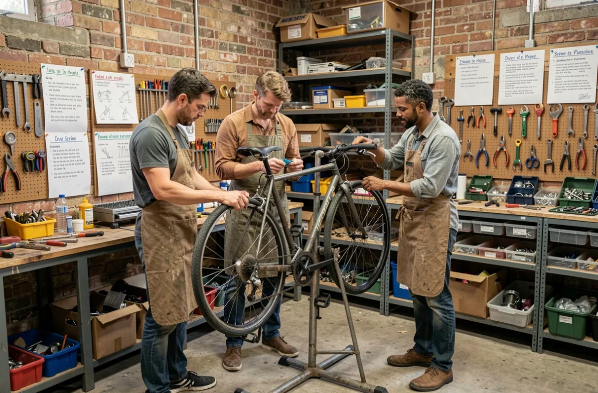 Atelier participatif de réparation vélo à la Cyclofficine d'Ivry-sur-Seine avec plusieurs participants travaillant ensemble
