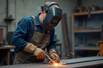 Métallurgiste utilisant un découpeur plasma sur une plaque d'acier dans un atelier industriel