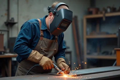 Métallurgiste utilisant un découpeur plasma sur une plaque d'acier dans un atelier industriel