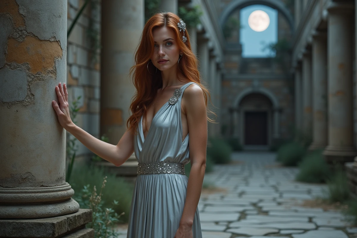 Femme en robe argentée avec motifs de croissant de lune dans des ruines de temple grec sous la pleine lune, représentant une déesse lunaire de la mythologie grecque