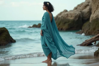 Femme en tenue drapée bleue inspirée de la Grèce antique debout sur des rochers côtiers, évoquant une déesse marine de la mythologie grecque