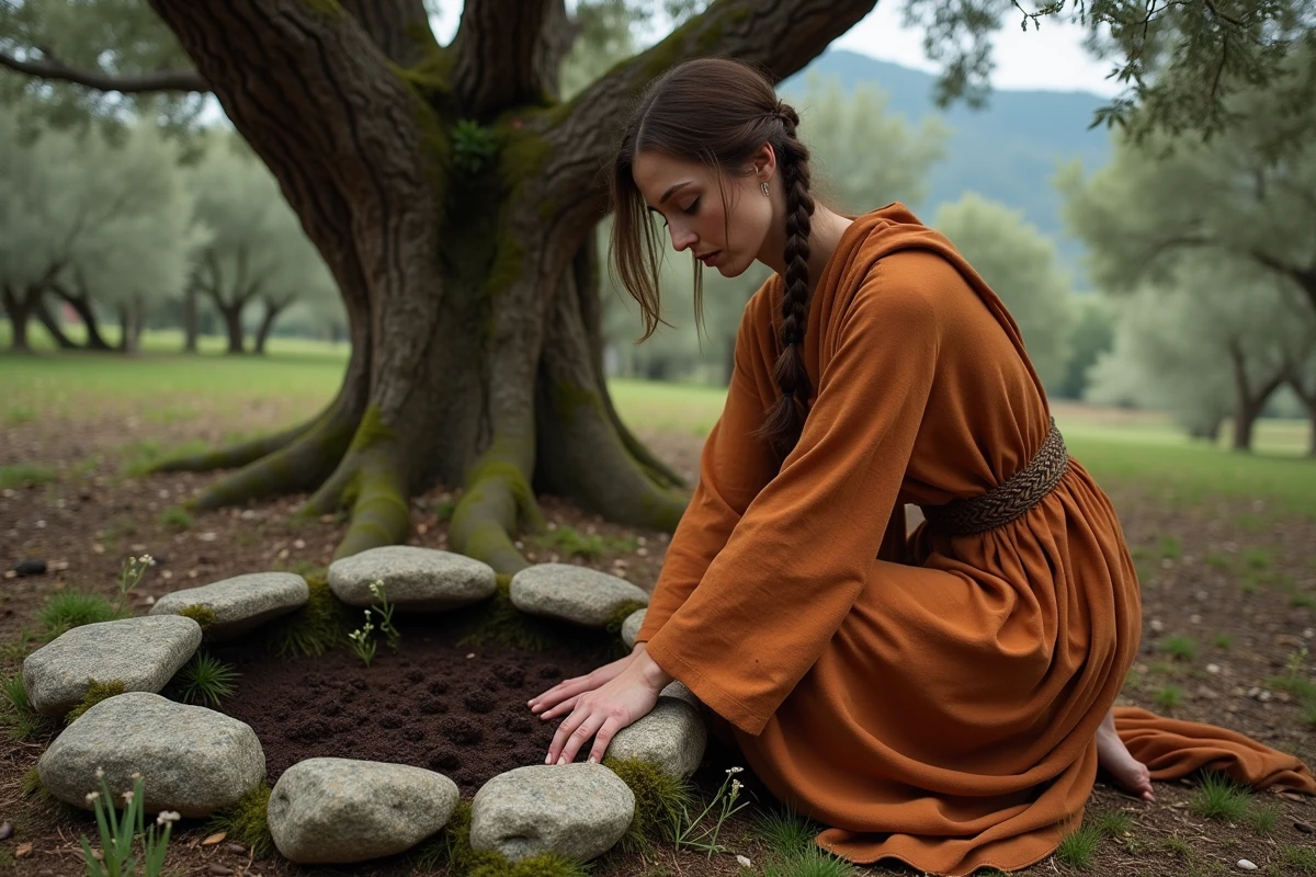 Femme en chiton terracotta agenouillée près d'un autel de pierre dans une forêt méditerranéenne d'oliviers, incarnant une déesse terrestre de la mythologie grecque