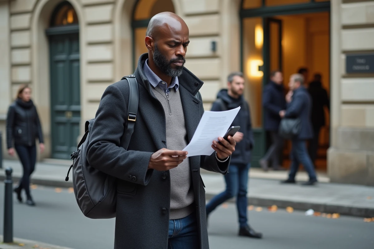 Homme consultant son téléphone et des documents devant un bâtiment administratif pour signaler une discrimination