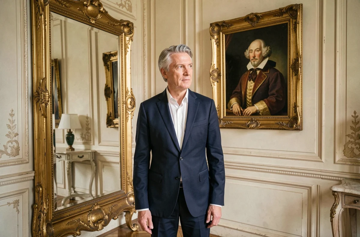 Homme élégant contemplant un portrait de roi de France dans un salon d'un château historique orné de boiseries dorées