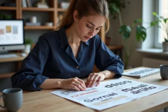 Designer comparant des spécimens de polices serif et sans-serif pour une présentation PowerPoint professionnelle