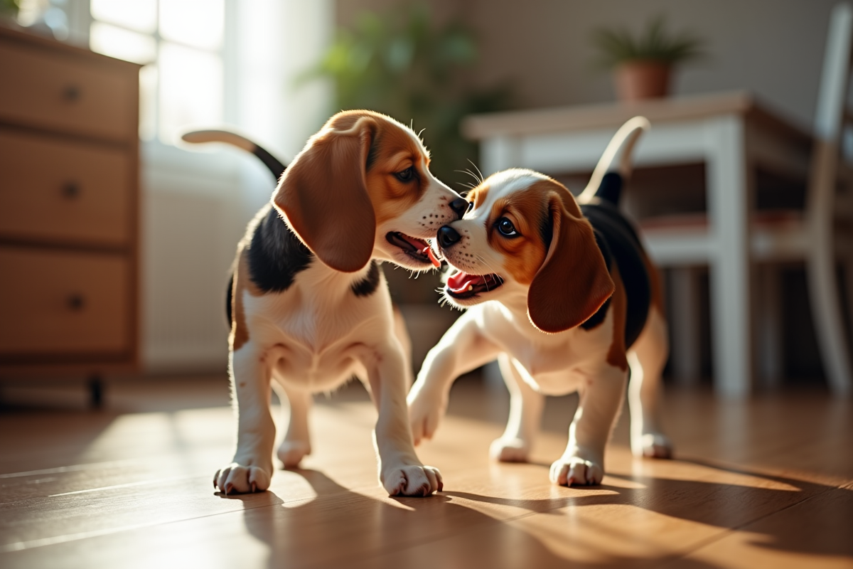 Deux beagles jouent sur un sol en bois en interieur