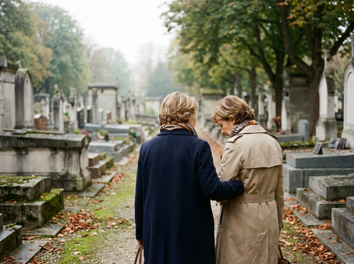 Deux femmes marcheant dans un cimetière paisible